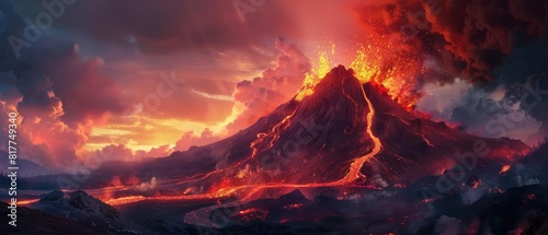 Volcano exploding with molten lava and ash under a twilight sky, fiery red and orange hues contrasting with dark smoke, capturing the raw power of nature, photorealistic style