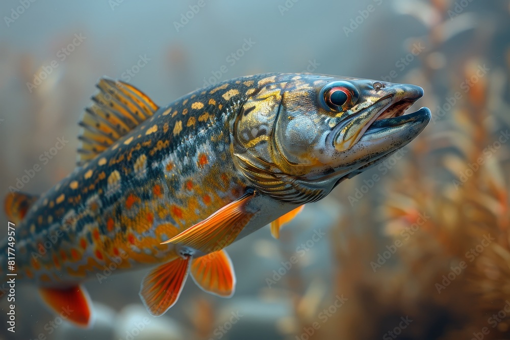 Pike fish lurking in murky waters, depicting freshwater predators. Pike fish lurking in murky waters, depicting freshwater predators.