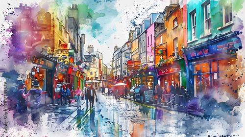 A vibrant portrayal of Dublin's Temple Bar district on St. Patrick's Day, with its colorful storefronts, lively street performers, and bustling crowds, all rendered in bold watercolor hues. photo