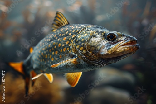 Pike fish lurking in murky waters, depicting freshwater predators. 