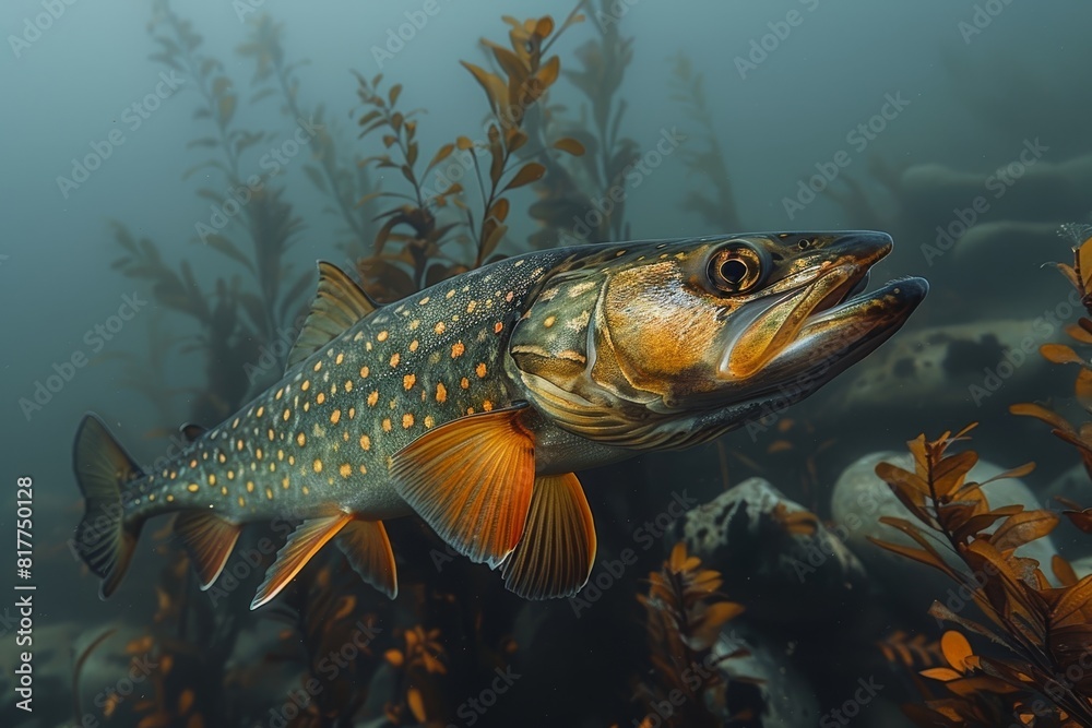 Pike fish lurking in murky waters, depicting freshwater predators. Pike fish lurking in murky waters, depicting freshwater predators.