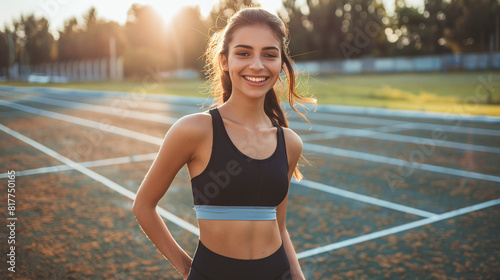 Young athletic woman in sportswear on the sports ground in the park © Ruslan