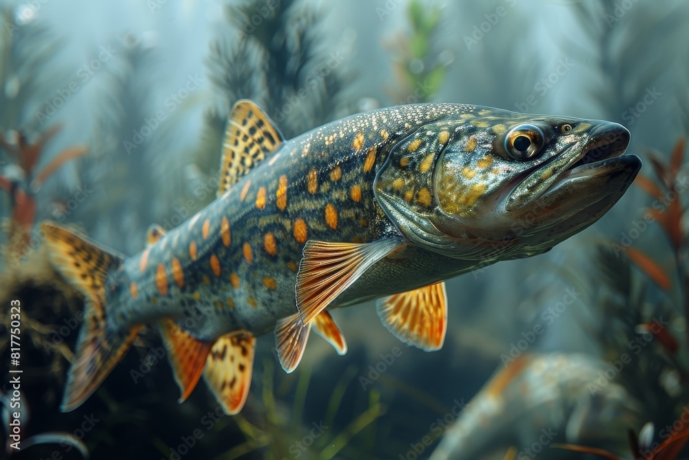Pike fish lurking in murky waters, depicting freshwater predators. Pike fish lurking in murky waters, depicting freshwater predators.