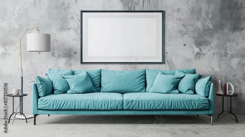 Wallpaper Mural Frame mockup with a cyan sofa against a concrete wall in a modern living room. Perfect for showcasing artwork or photos in stock photo platforms. Torontodigital.ca