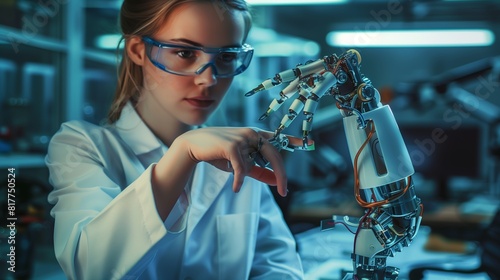 Woman in Lab Coat Working on Robot