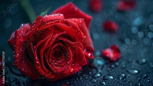 red rose with water droplets. A close-up of a red rose with water droplets, capturing the intricate details and vibrant color..