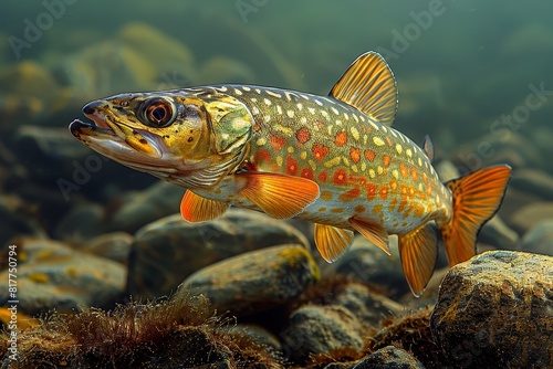 Pike fish lurking in murky waters, depicting freshwater predators. 