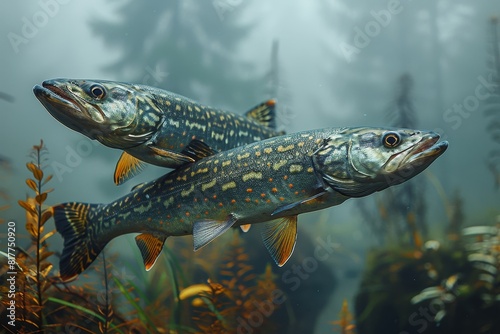 Pike fish lurking in murky waters  depicting freshwater predators. 