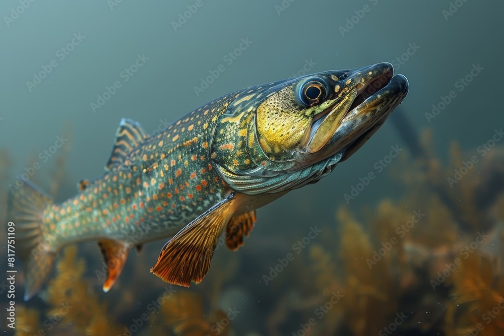 Pike fish lurking in murky waters, depicting freshwater predators. Pike fish lurking in murky waters, depicting freshwater predators.