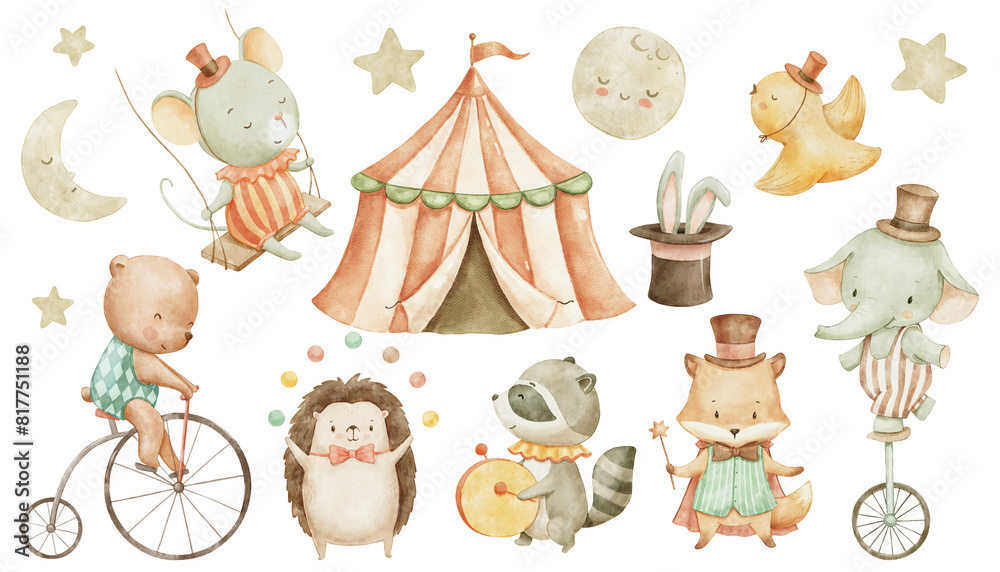 Circus cute animals, watercolor illustrations set for nursery and kids ...