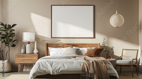 Frame mockup with a beige sofa against a concrete wall in a modern living room. Perfect for showcasing artwork or photos in stock photo platforms.