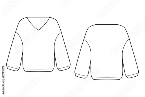 Female jumper, sweatshirt vector template isolated on a grey background. Front and back view. Outline fashion technical sketch of clothes mode photo
