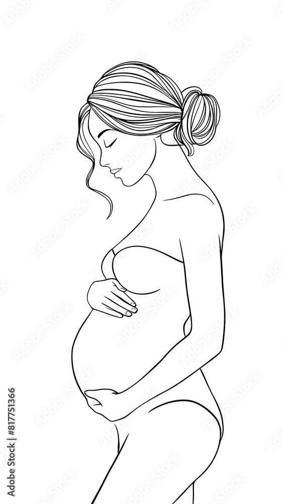 Silhouette of a pregnant woman standing and gently holding her belly, profile view, minimalistic illustration on transparent fond, line art. Conceptual illustration dedicated to motherhood, maternity Silhouette of a pregnant woman standing and gently holding her belly, profile view, minimalistic illustration on transparent fond, line art. Conceptual illustration dedicated to motherhood, maternity