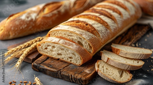 Sliced wheat loaf and whole baguettes on a rustic wood board, close up on bread textures, concept of fresh bakery goods, realistic, Manipulation, country kitchen backdrop photo