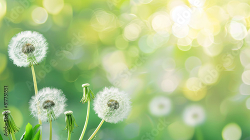 Beautiful white dandelions on blurred green background
