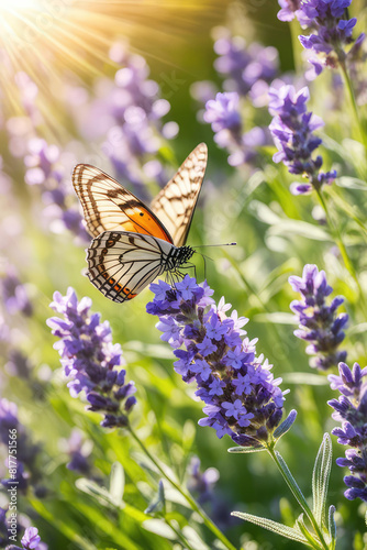 Amazing beautiful colorful natural scenery. Lavender flowers and two butterfly in rays of summer sunlight in spring outdoors on nature macro, soft focus. Atmospheric photo, gentle artistic image.