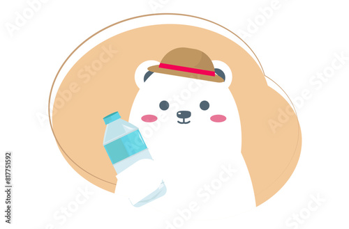 水分補給を勧める白くま。水を飲もう。夏の熱中症対策。ベクターイラスト