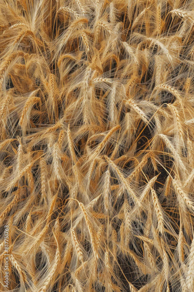 Obraz premium A top-down view of a field of wheat, with the golden stalks swaying in the wind and creating a textured landscape. 