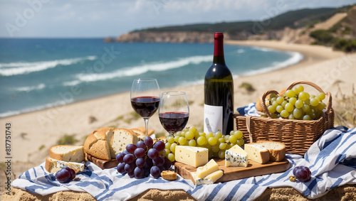 This image shows a picnic on the beach with a bottle of red wine, two glasses of red wine, a basket of grapes, and a variety of cheeses.