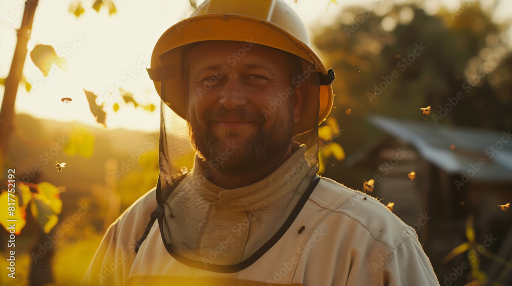 A farmer at work in an apiary on a sunny summer day. A candid portrait of a happy beekeeper man in a protective suit A farmer at work in an apiary on a sunny summer day. A candid portrait of a happy beekeeper man in a protective suit