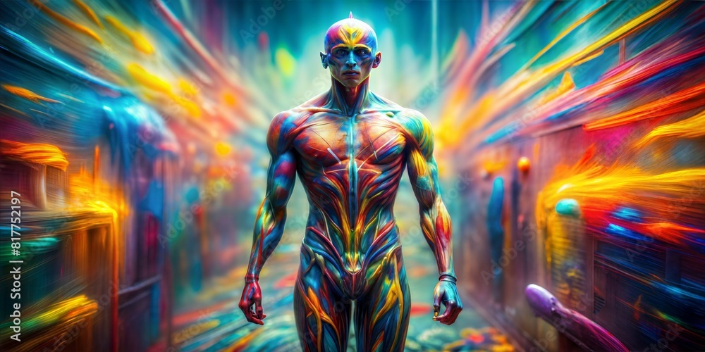 Fototapeta premium full body shot insane abstract humanoid colorful flashy surface and mixture between human and background fluid stroks and madnes combosition