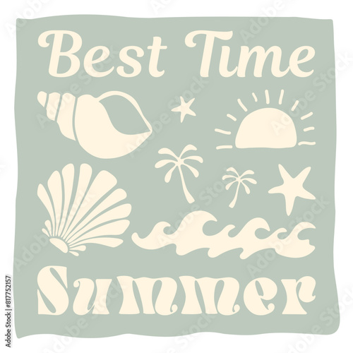 Retro Groovy Surf Club in trendy Boho style. Naive Geometric Summer Palm Tree. Simple background of sun sea. Retro Summer Beach Hand Drawn isolated illustration. Vintage Surf Club. Vector illustration (ID: 817752157)