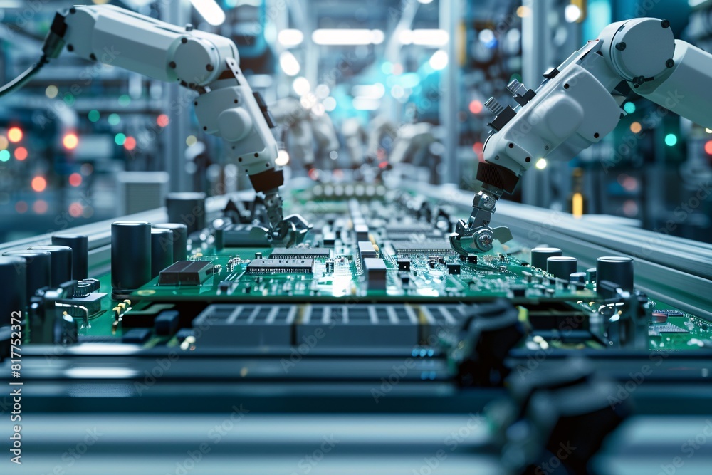 Automated robots busy assembling products on a circuit board inside a modern factory Automated robots busy assembling products on a circuit board inside a modern factory