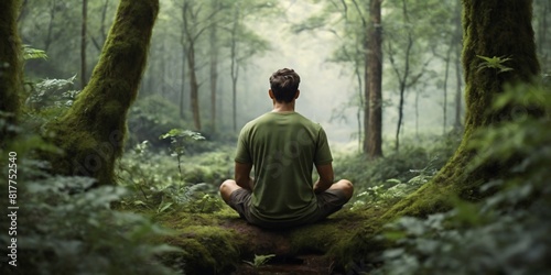 Man sitting in a lush green forest practicing mindfulness  person meditating in a rainforest  finding inner peace in harmony with serene nature