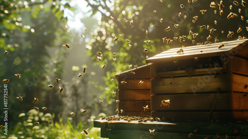 An apiary in the forest. A swarm of bees flies around a wooden hive on a sunny summer day. Bees are busy collecting nectar