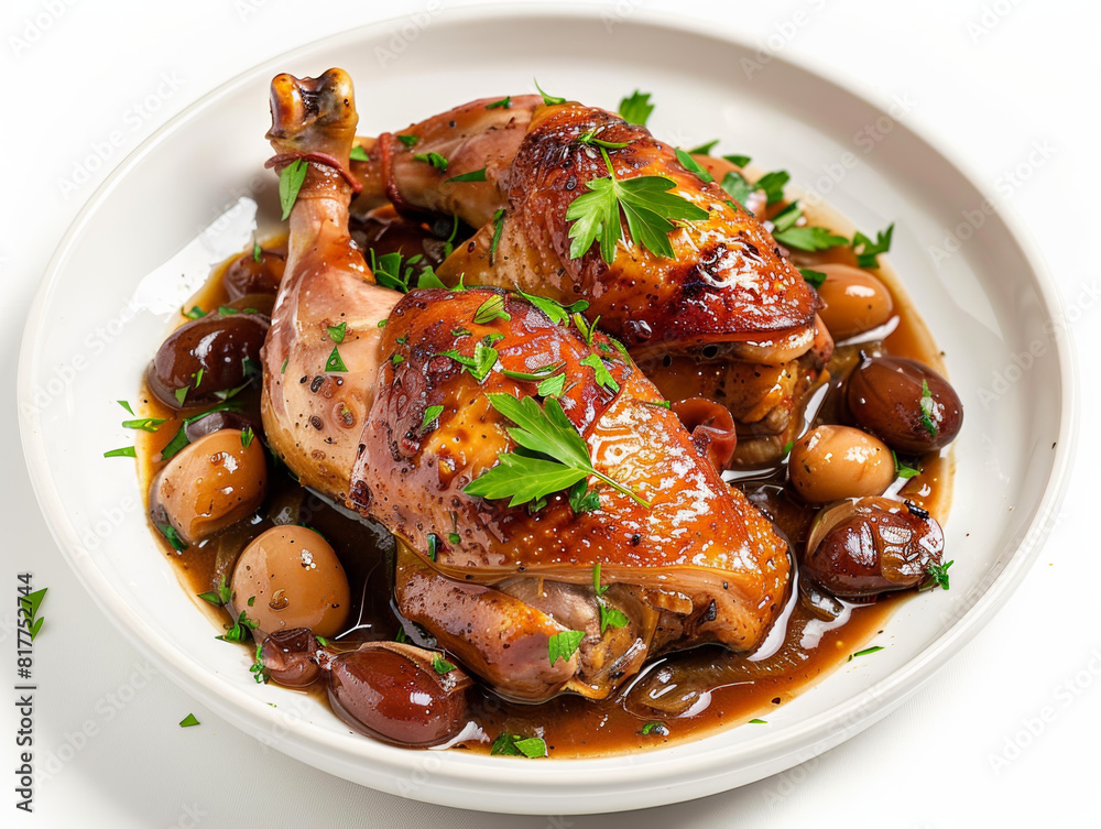 A plate of chicken with mushrooms and beans A plate of chicken with mushrooms and beans