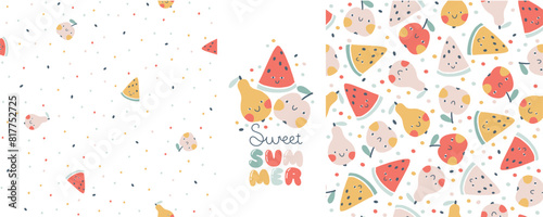 Tropical Fruit collection of seamless patterns with print composition and comic lettering. Vector cartoon childish background with cute smiling fruit characters in simple hand-drawn style