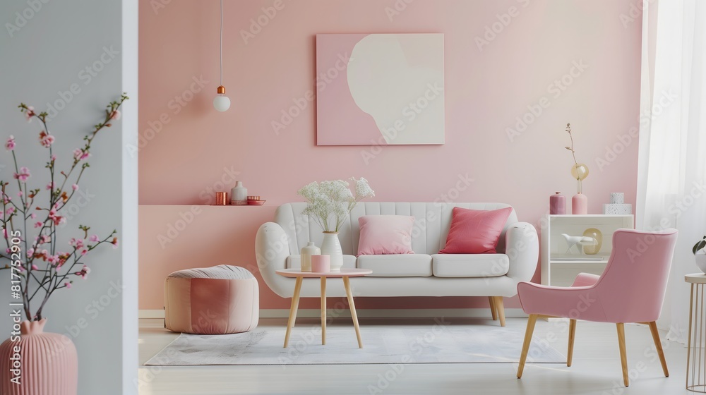 Living room with modern interior, minimalist Scandinavian style, and pastel color accents Living room with modern interior, minimalist Scandinavian style, and pastel color accents