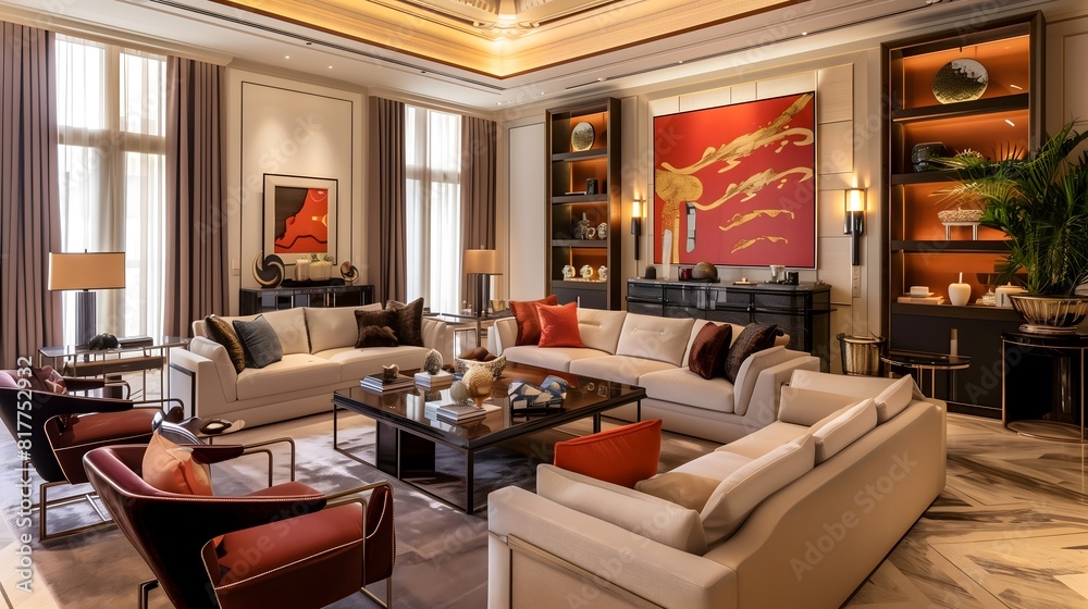 Living room with modern interior, elegant decor, plush seating, and soft lighting