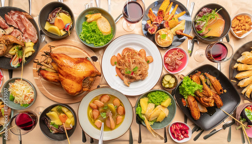 Full table of delicious Dinner party table European foods and drinks from top view, Happy dining time, buffet food dishes background.