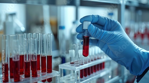 Scientist analyzing a blood test tube in a lab