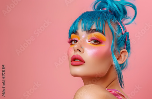 A dazzling fashion photo-shoot featuring makeup that transforms the model's face into a stunning canvas of vibrant colors in pink background