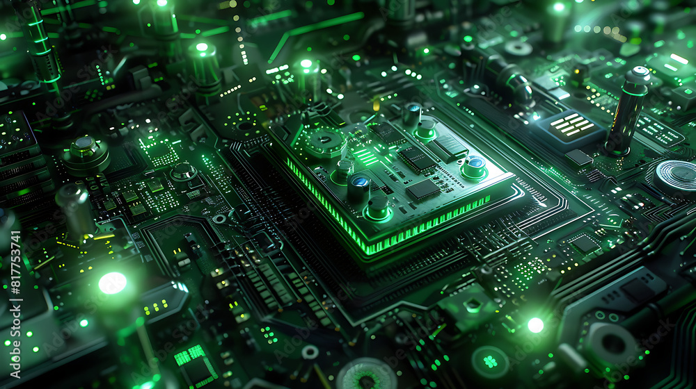 Detailed Close-Up of Modern High-Tech Motherboard with Circuitry and Components Detailed Close-Up of Modern High-Tech Motherboard with Circuitry and Components