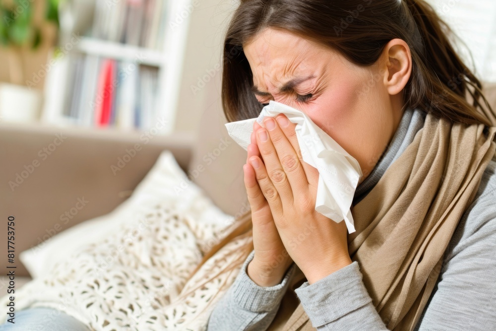 woman sneezing into a tissue with a pained expression – illness rest, flu home remedies, cold symptoms woman sneezing into a tissue with a pained expression – illness rest, flu home remedies, cold symptoms