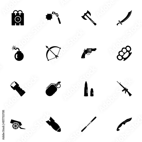 Weapon icon - Expand to any size - Change to any colour. Perfect Flat Vector Contains such Icons as gun, bullet, cannon, shotgun, revolver, knuckles, arbalest, knife, ax, scimitar, grenade, handgun.