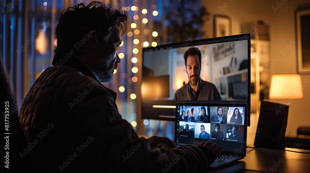man on a laptop has a video call with a group of people at work man on a laptop has a video call with a group of people at work