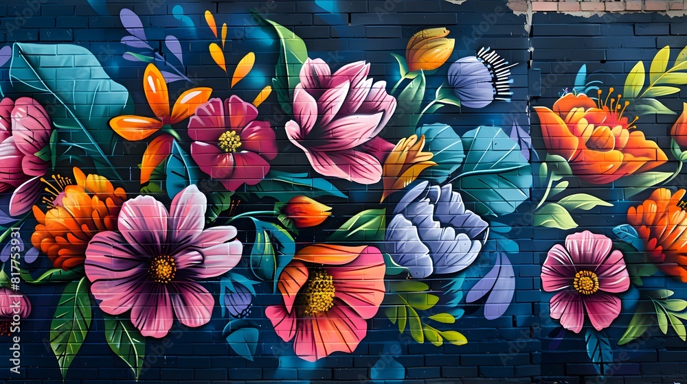 Naklejka premium Vibrant Street Art of Floral Mural on Urban Wall