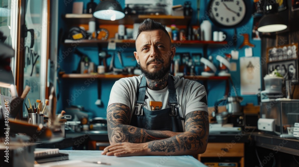Tattoo artist in a studio, with tattoo equipment.
