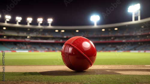 A red cricket ball with a shiny surface and stitching is sitting on a grass field with a stadium in the background.