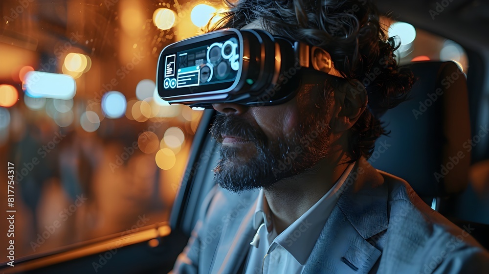 Businessman in Suit Using Augmented Reality Glasses in Car at Night Businessman in Suit Using Augmented Reality Glasses in Car at Night