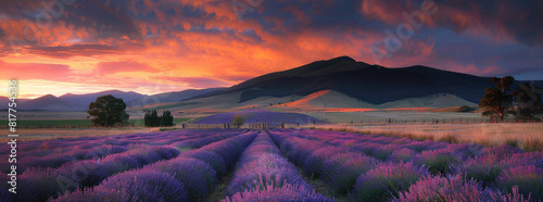 Stunning landscape with lavender field at sunrise photo
