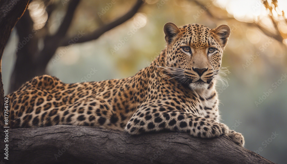 Naklejka premium Portrait of a leopard lying in a tree at dusk 