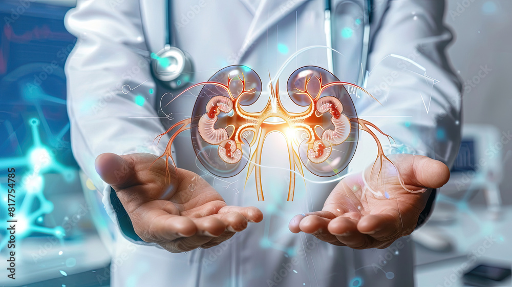 Doctor holding a 3D x ray image of kidneys Doctor holding a 3D x ray image of kidneys