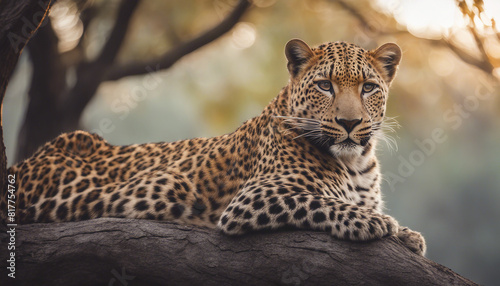 Portrait of a leopard lying in a tree at dusk  © abu