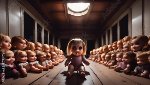 A dimly lit hallway is filled with rows of creepy dolls, their blank stares and identical appearances creating an unsettling atmosphere.  photo