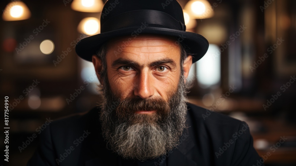 Bearded Jewish Man Wearing Kippah in Dimly Lit Room Looking Intently at Camera Bearded Jewish Man Wearing Kippah in Dimly Lit Room Looking Intently at Camera